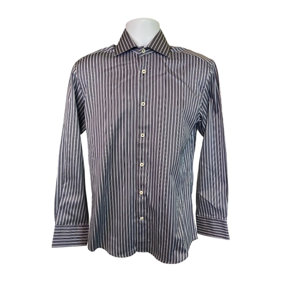 Bugatchi Uomo Dress Shirt 15 32/33 Navy White Stripe Button Up Preppy Corpcore - Picture 1 of 8